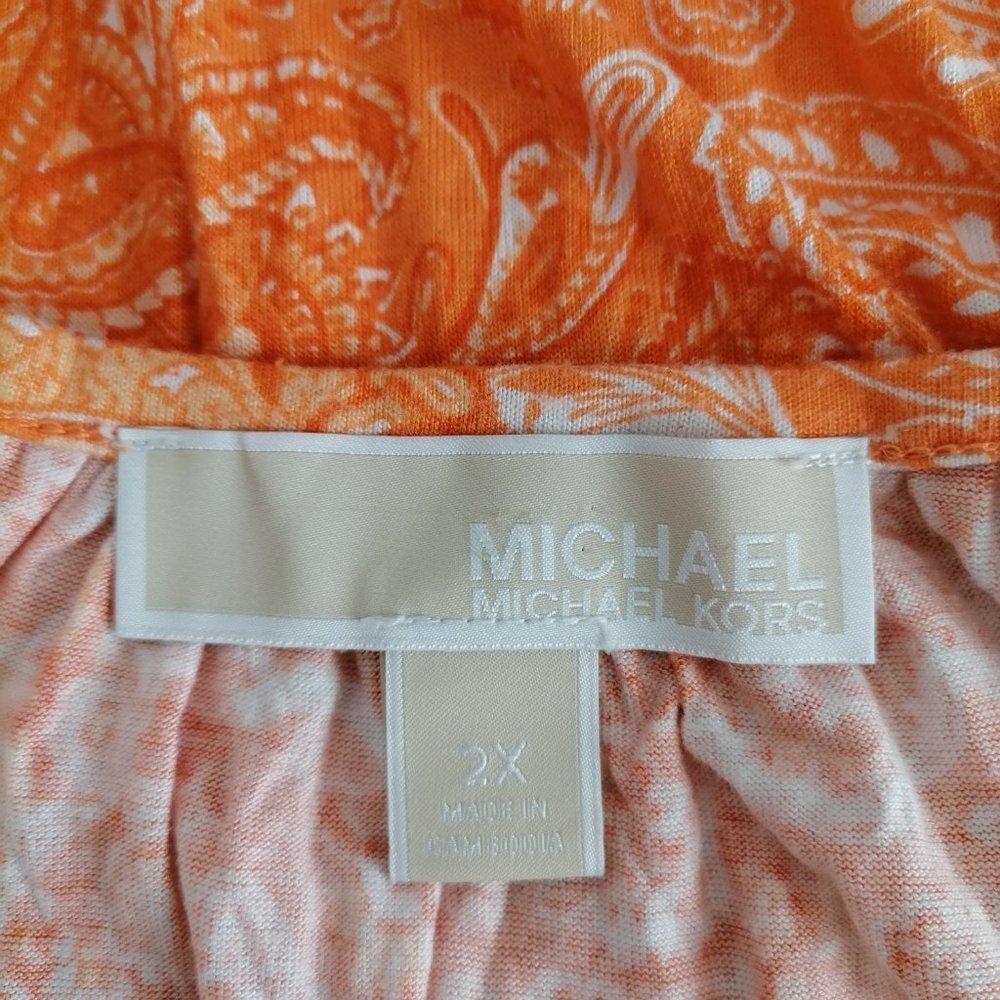 # Michael Kors Women's Orange Floral Blouse Size 2X Scoop Neck Elastic Cuff/Hem - Picture 5 of 6